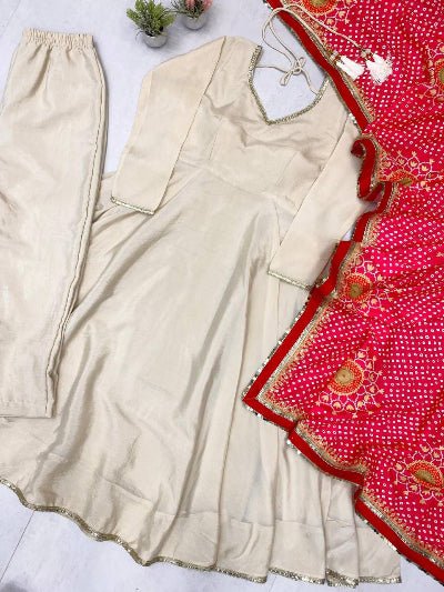 Cream Chinon Anarkali Set with Red Bandhani Dupatta UK Next Day - BONYHUBSALWAR KAMEEZ