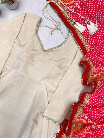 Cream Chinon Anarkali Set with Red Bandhani Dupatta UK Next Day - BONYHUBSALWAR KAMEEZ