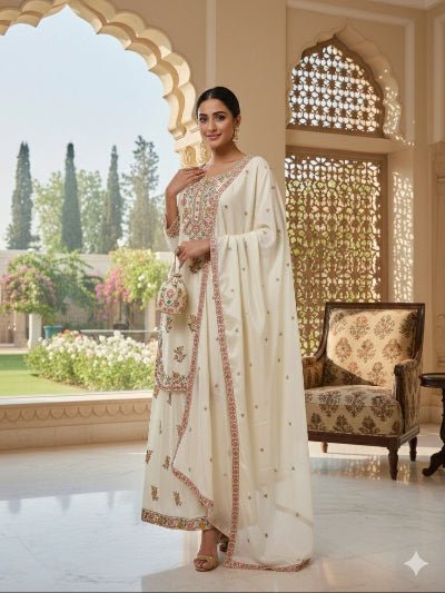 Cream Chinon Silk Embroidered Kurti Plazzo Set - BONYHUBSALWAR KAMEEZ