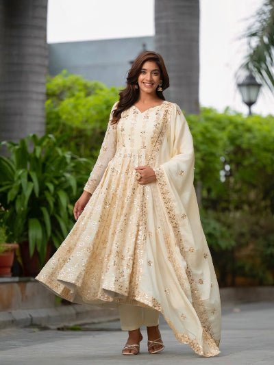 Cream Designer Anarkali Suit Set in Pure Chinon Silk - BONYHUBSALWAR KAMEEZ