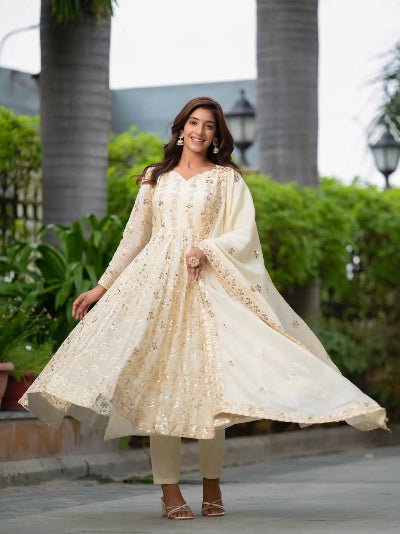 Cream Designer Anarkali Suit Set in Pure Chinon Silk - BONYHUBSALWAR KAMEEZ