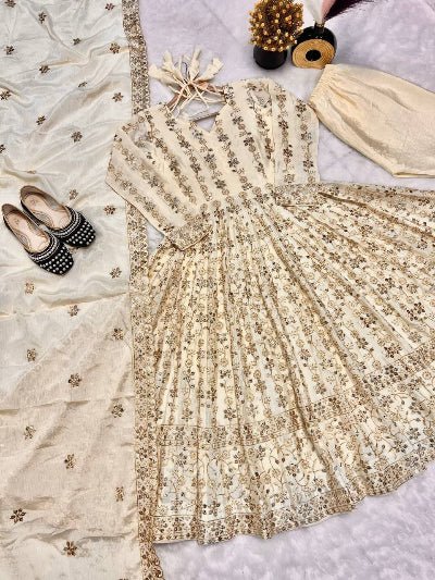 Cream Designer Anarkali Suit Set in Pure Chinon Silk - BONYHUBSALWAR KAMEEZ