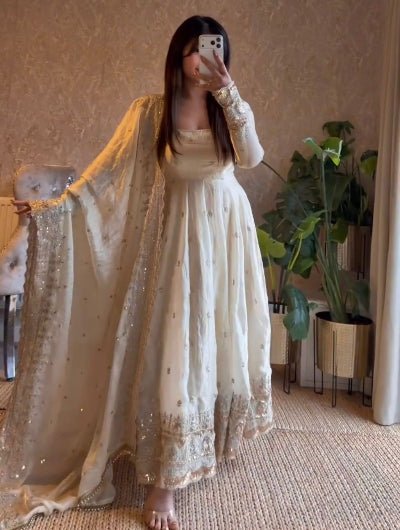 Cream Designer Fendy Silk Embroidery Anarkali Suit - BONYHUBSALWAR KAMEEZ