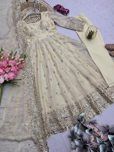 Cream Designer Fendy Silk Embroidery Anarkali Suit - BONYHUBSALWAR KAMEEZ