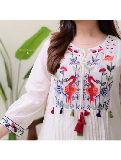 Cream Designer Kurti and Pant (Set of 2) - BONYHUBSALWAR KAMEEZ