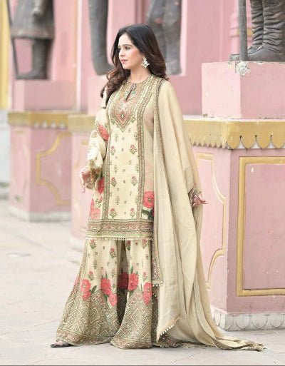 Cream Digital Print Mirror Stone Work Sharara Palazzo Suit Set - BONYHUBSALWAR KAMEEZ