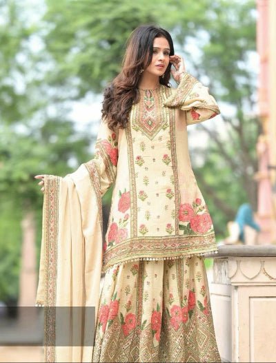 Cream Digital Print Mirror Stone Work Sharara Palazzo Suit Set - BONYHUBSALWAR KAMEEZ