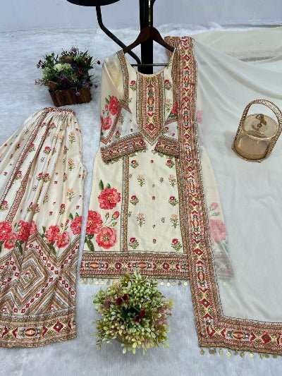Cream Digital Print Mirror Stone Work Sharara Palazzo Suit Set - BONYHUBSALWAR KAMEEZ