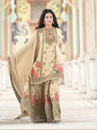Cream Digital Print Mirror Stone Work Sharara Palazzo Suit Set - BONYHUBSALWAR KAMEEZ