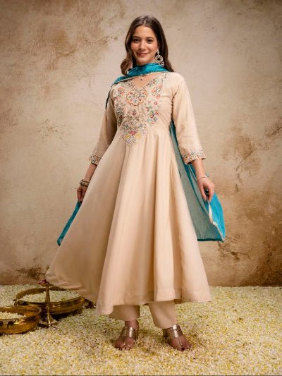 Cream Embroidered Anarkali Suit with Blue Dupatta - BONYHUBSALWAR KAMEEZ