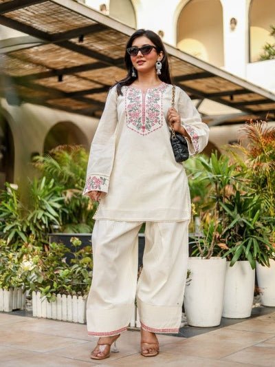 Cream Embroidered Khadi Cotton Farshi Co-Ord Suit for Women - BONYHUBSALWAR KAMEEZ