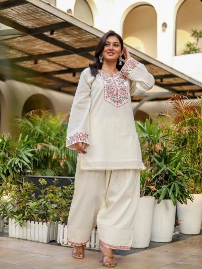 Cream Embroidered Khadi Cotton Farshi Co-Ord Suit for Women - BONYHUBSALWAR KAMEEZ