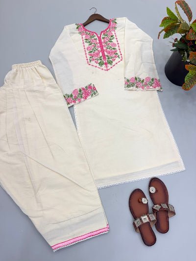 Cream Embroidered Khadi Cotton Farshi Co-Ord Suit for Women - BONYHUBSALWAR KAMEEZ
