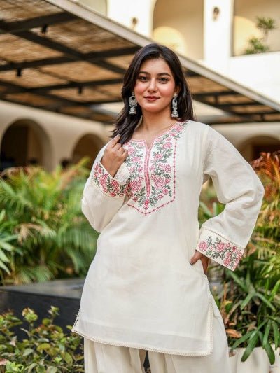 Cream Embroidered Khadi Cotton Farshi Co-Ord Suit for Women - BONYHUBSALWAR KAMEEZ