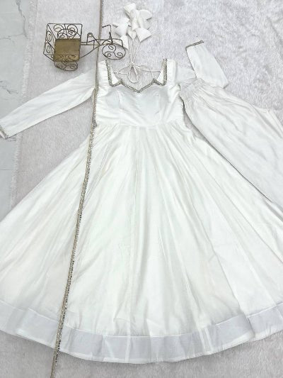 Cream Roman Silk Chanderi Anarkali Suit UK Next Day - BONYHUBSALWAR KAMEEZ