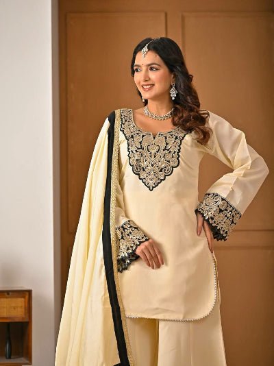 Cream Roman Silk Embroidery Sharara Suit - BONYHUBSALWAR KAMEEZ