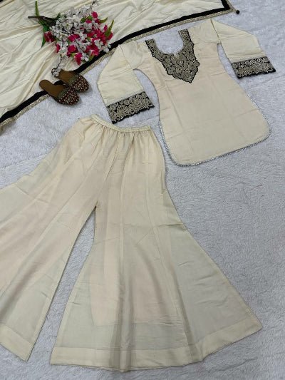 Cream Roman Silk Embroidery Sharara Suit - BONYHUBSALWAR KAMEEZ