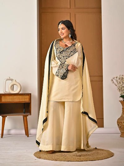 Cream Roman Silk Embroidery Sharara Suit - BONYHUBSALWAR KAMEEZ
