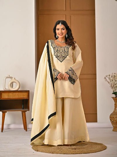 Cream Roman Silk Embroidery Sharara Suit - BONYHUBSALWAR KAMEEZ
