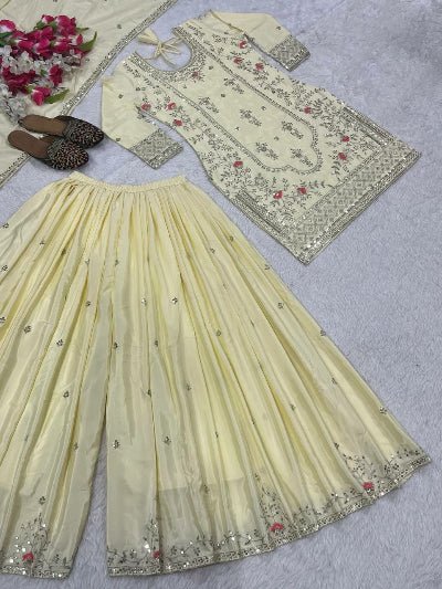 Cream Sequence Embroidery Work Sharara Suit - BONYHUBSALWAR KAMEEZ