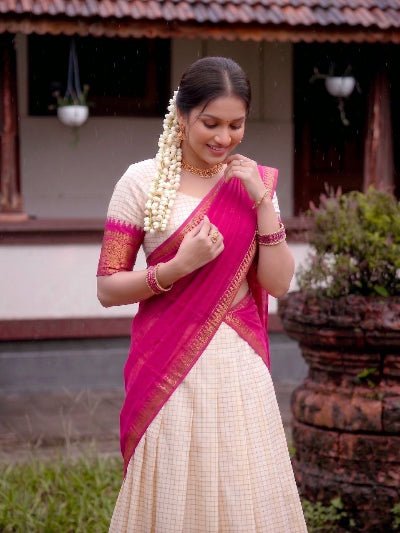 Cream Silk Blouse Cream Lehenga Pink Gold Border| South Indian Half Saree - BONYHUBSALWAR KAMEEZ