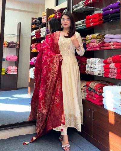 Cream Zari Work Silk Anarkali Suit Red Banarasi Dupatta UK Next Day - BONYHUBSALWAR KAMEEZ