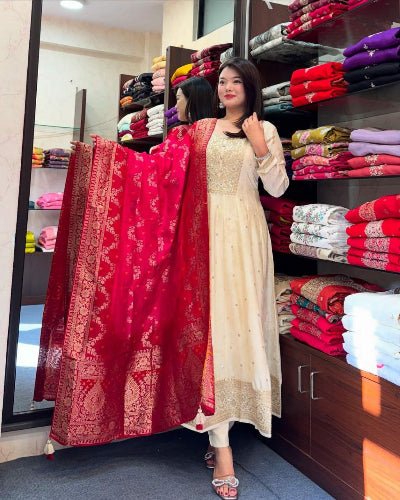Cream Zari Work Silk Anarkali Suit Red Banarasi Dupatta UK Next Day - BONYHUBSALWAR KAMEEZ