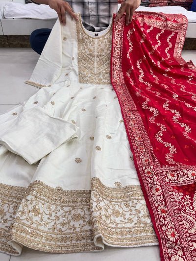 Cream Zari Work Silk Anarkali Suit Red Banarasi Dupatta UK Next Day - BONYHUBSALWAR KAMEEZ