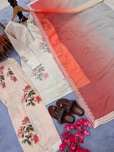 Creamy Blush Floral Georgette Farshi Suit Set - BONYHUBSALWAR KAMEEZ