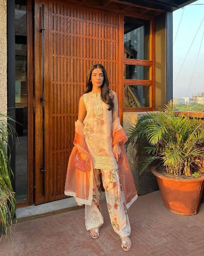 Creamy Blush Floral Georgette Farshi Suit Set - BONYHUBSALWAR KAMEEZ