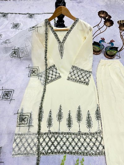 Creamy White Embroidered Farshi Suit with Organza Dupatta - BONYHUBSALWAR KAMEEZ