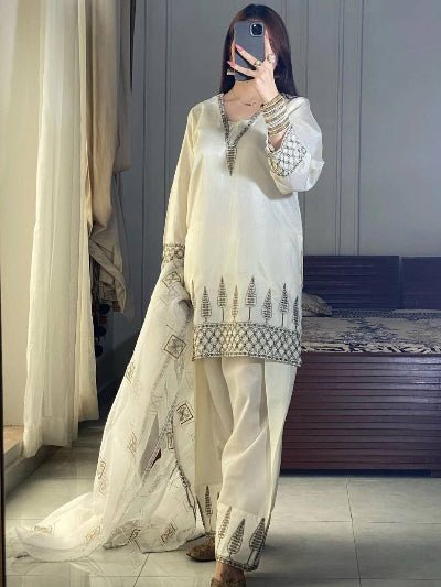 Creamy White Embroidered Farshi Suit with Organza Dupatta - BONYHUBSALWAR KAMEEZ