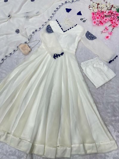 Creamy White Georgette Embroidered Real Mirror Work Anarkali Suit Set - BONYHUBSALWAR KAMEEZ