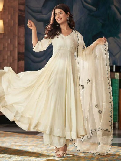 Creamy White Georgette Embroidered Real Mirror Work Anarkali Suit Set - BONYHUBSALWAR KAMEEZ