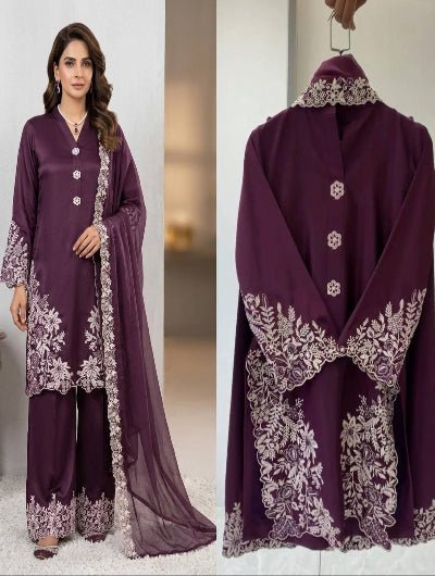 Crepe Silk Suit Set with Palazzo &amp; Organza Dupatta - BONYHUBSALWAR KAMEEZ