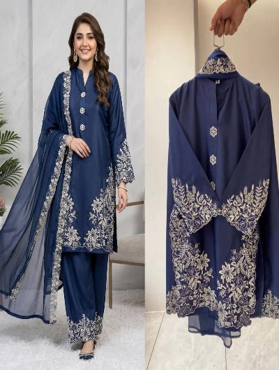 Crepe Silk Suit Set with Palazzo &amp; Organza Dupatta - BONYHUBSALWAR KAMEEZ