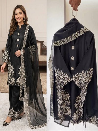 Crepe Silk Suit Set with Palazzo &amp; Organza Dupatta - BONYHUBSALWAR KAMEEZ