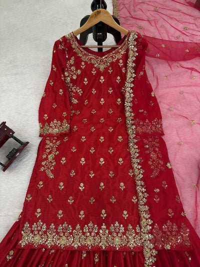 Crimson Red Chinon Silk Sharara Suit Set - BONYHUBSALWAR KAMEEZ