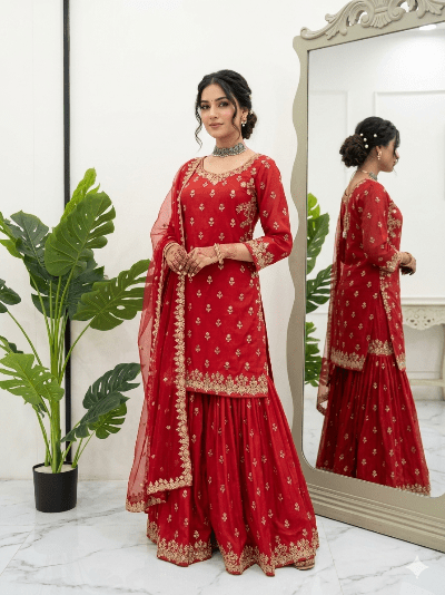 Crimson Red Chinon Silk Sharara Suit Set - BONYHUBSALWAR KAMEEZ