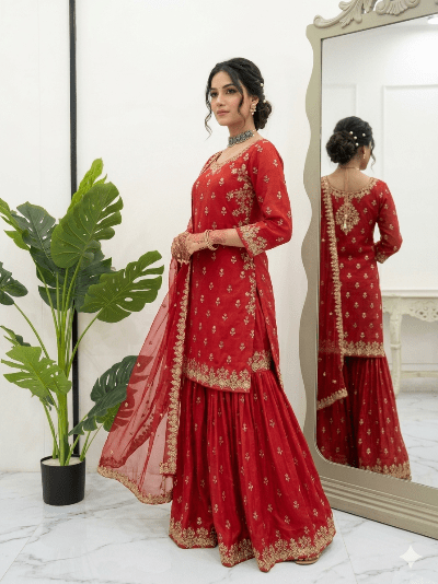 Crimson Red Chinon Silk Sharara Suit Set - BONYHUBSALWAR KAMEEZ
