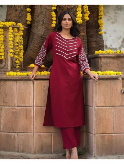 Crimson Red Cotton Co - ord Set with Kurta Pant (Set of 2) - BONYHUBSALWAR KAMEEZ