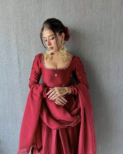 Crimson Red Elegant Anarkali Suit Set - BONYHUBSALWAR KAMEEZ