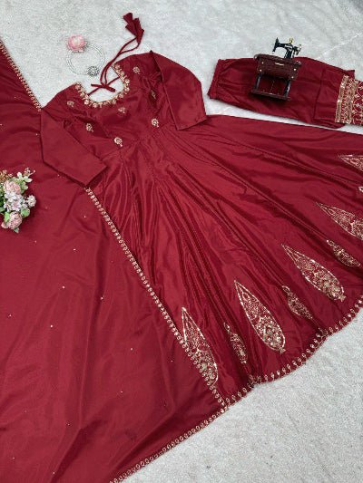 Crimson Red Elegant Anarkali Suit Set - BONYHUBSALWAR KAMEEZ