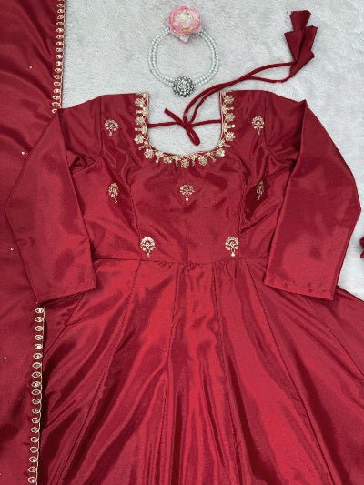 Crimson Red Elegant Anarkali Suit Set - BONYHUBSALWAR KAMEEZ