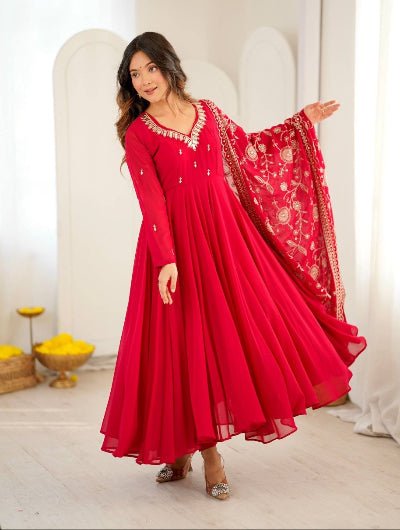 Crimson Red Embroidered Georgette Anarkali Suit Women | Asian Ethnic Wear UK - BONYHUBSALWAR KAMEEZ