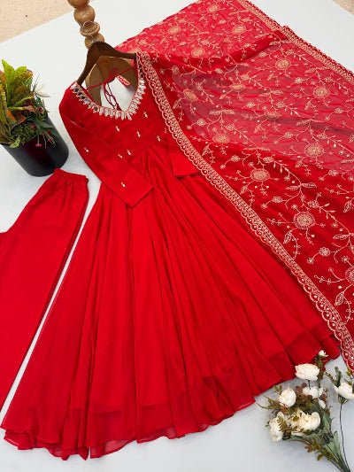 Crimson Red Embroidered Georgette Anarkali Suit Women | Asian Ethnic Wear UK - BONYHUBSALWAR KAMEEZ