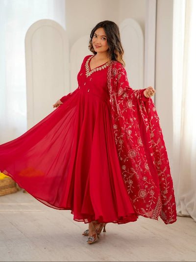 Crimson Red Embroidered Georgette Anarkali Suit Women | Asian Ethnic Wear UK - BONYHUBSALWAR KAMEEZ