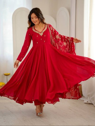 Crimson Red Embroidered Georgette Anarkali Suit Women | Asian Ethnic Wear UK - BONYHUBSALWAR KAMEEZ
