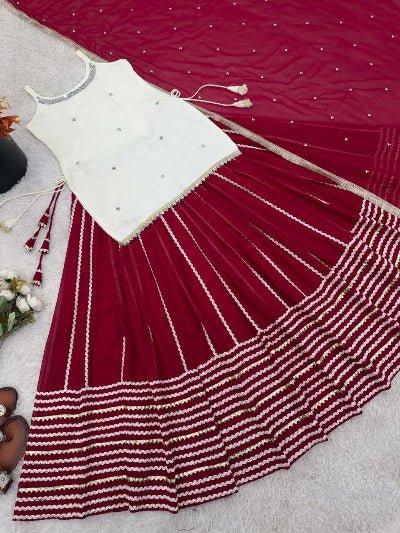 Crimson Red &amp; White Mirror Work Kurti Skirt Dupatta Set - BONYHUBSALWAR KAMEEZ