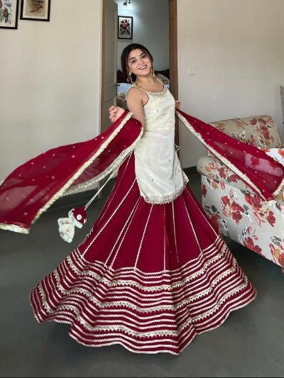 Crimson Red &amp; White Mirror Work Kurti Skirt Dupatta Set - BONYHUBSALWAR KAMEEZ
